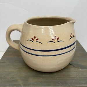 Vintage Stoneware Pitcher Blue Banded Crock Jug Farmhouse Kitchen Country Flower